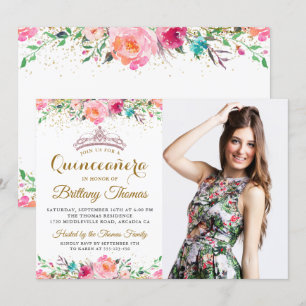 Rosa Blommigt Tiara Quinceanera 15:e födelsedagsfo Inbjudningar