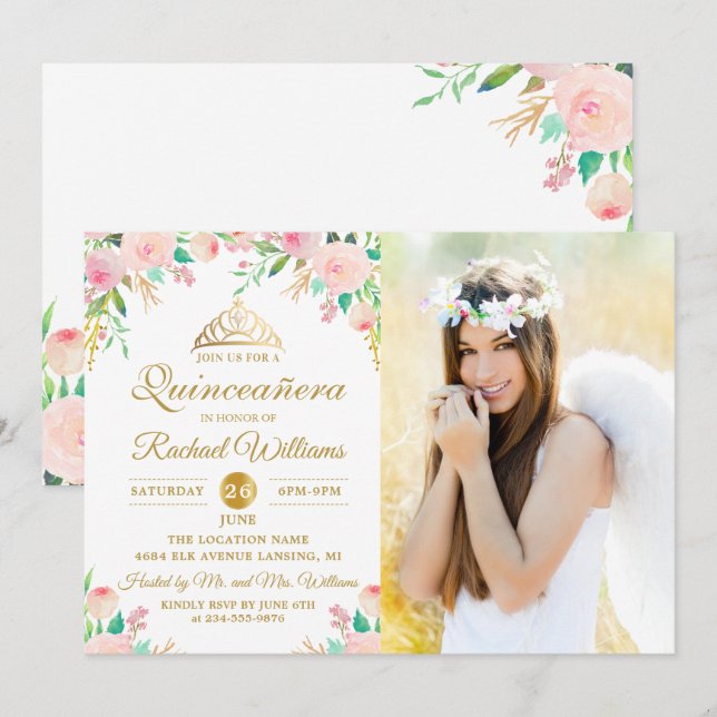 Rosa Blommigt Tiara Quinceañera 15:e födelsedagsfo Inbjudningar (Fram/baksida)