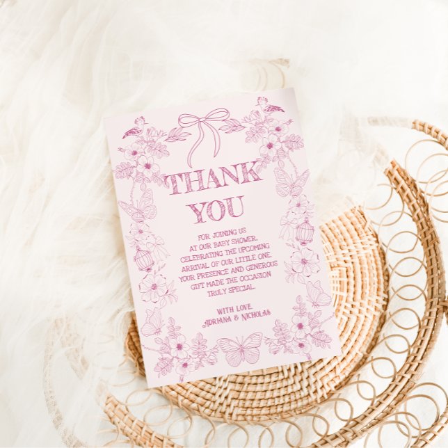 Rosa Blommigt Toile De Jouy Girl Baby Shower Tack Kort (Skapare uppladdad)