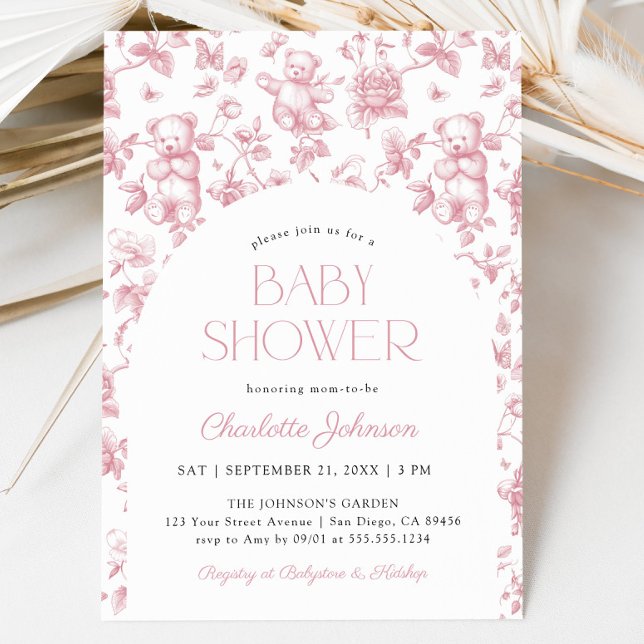  Rosa Blommigt Toile Girl Baby Shower Inbjudningar (Blush Pink Floral Toile Girl Baby Shower Invitation)