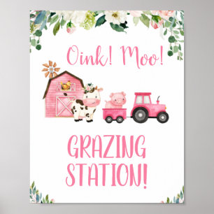 Rosa Blommigt Tractor Boskap Birthday Sign Poster