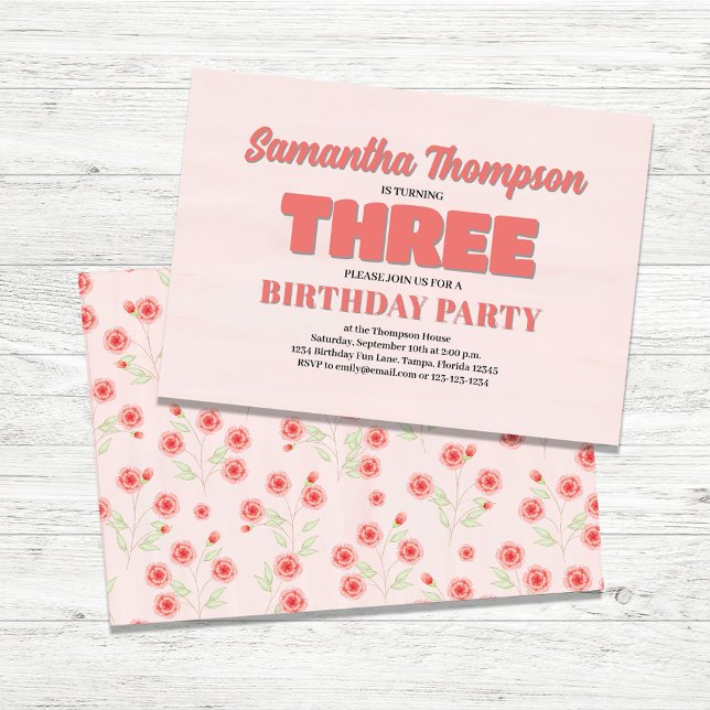 Rosa Blommigt Tredje födelsedag Flicka Party-mall Inbjudningar (Third Birthday Party Girls Custom Invitations.)