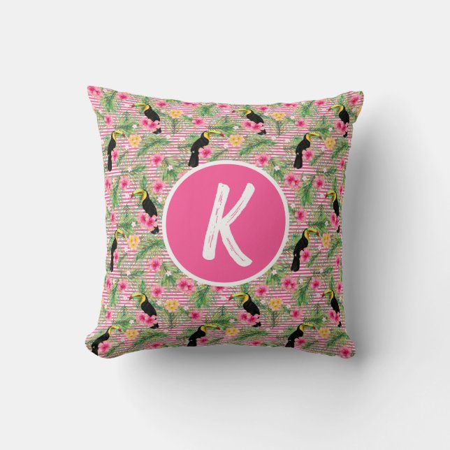 Rosa Blommigt Tropical Bird Monogram Dekorativ kud Kudde (Framsida)