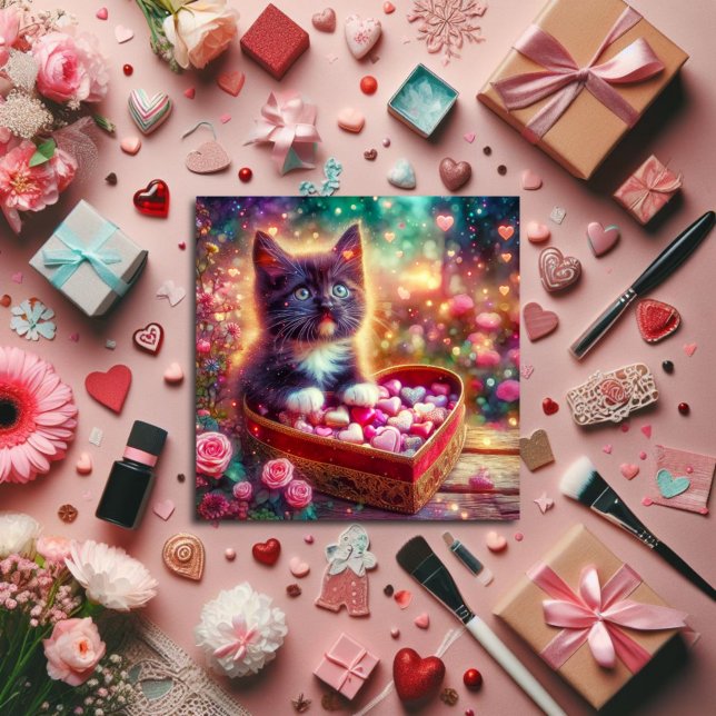 Rosa Blommigt Tuxedo Kitten Heart Fantasy Valentin Julkort (Skapare uppladdad)