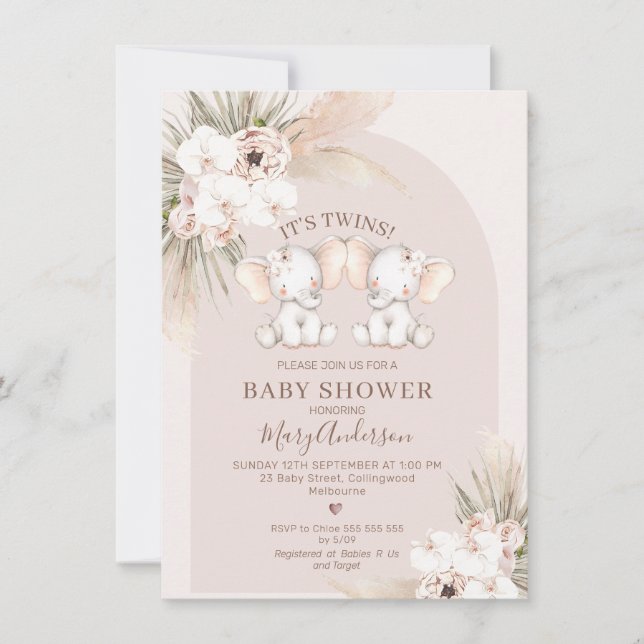 Rosa Blommigt Twin Arch Elephants Baby Shower Inbjudningar (Framsida)
