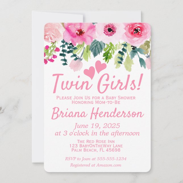 Rosa Blommigt Twin Girls Baby Shower-inbjudan Inbjudningar (Framsida)
