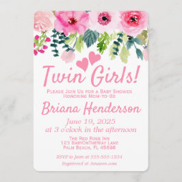 Rosa Blommigt Twin Girls Baby Shower-inbjudan Inbjudningar