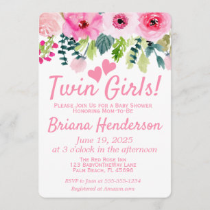 Rosa Blommigt Twin Girls Baby Shower-inbjudan Inbjudningar