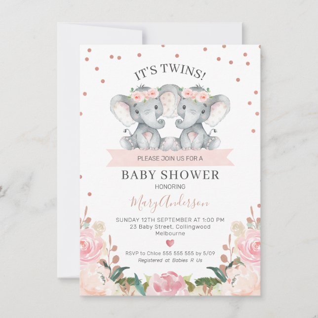 Rosa Blommigt Twin Girls Elephants Baby Shower Inbjudningar (Framsida)
