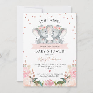 Rosa Blommigt Twin Girls Elephants Baby Shower Inbjudningar