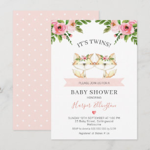 Rosa Blommigt Twin Girls Fox Baby Shower-inbjudan Inbjudningar
