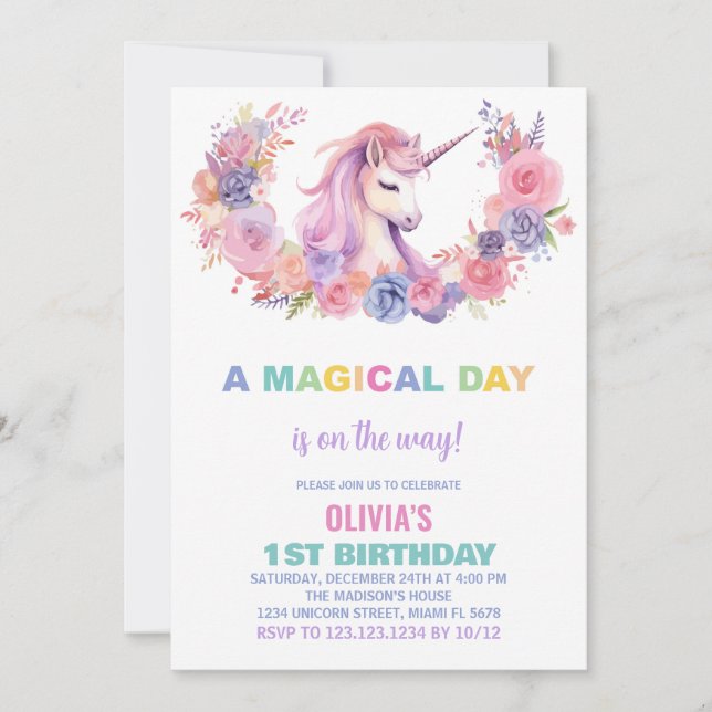 Rosa Blommigt Unicorn Birthday-inbjudningar Inbjudningar (Framsida)