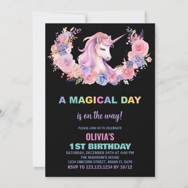 Rosa Blommigt Unicorn Birthday-inbjudningar Inbjudningar (Framsida)
