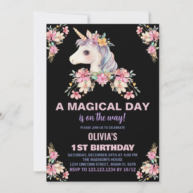 Rosa Blommigt Unicorn Birthday-inbjudningar Inbjudningar (Framsida)