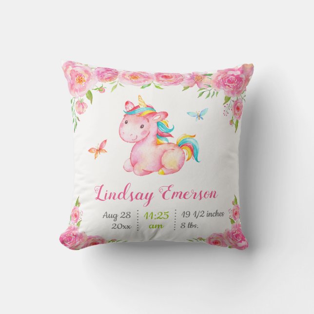 Rosa Blommigt Unicorn Flicka Gift Nursery Decor Kudde (Framsida)