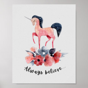 Rosa Blommigt Unicorn Girl's rum Wall Art Poster