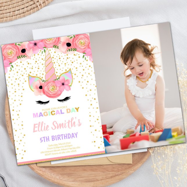 Rosa Blommigt Unicorn-kort med foto Inbjudningar (Pink Floral Unicorn Cards with photo)
