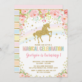 Rosa Blommigt Unicorn Magic Birthday Rainbow Party Inbjudningar