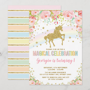Rosa Blommigt Unicorn Magic Birthday Rainbow Party Inbjudningar