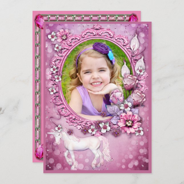 Rosa Blommigt Unicorn Photo Födelsedagsfest Inbjudningar (Fram/baksida)