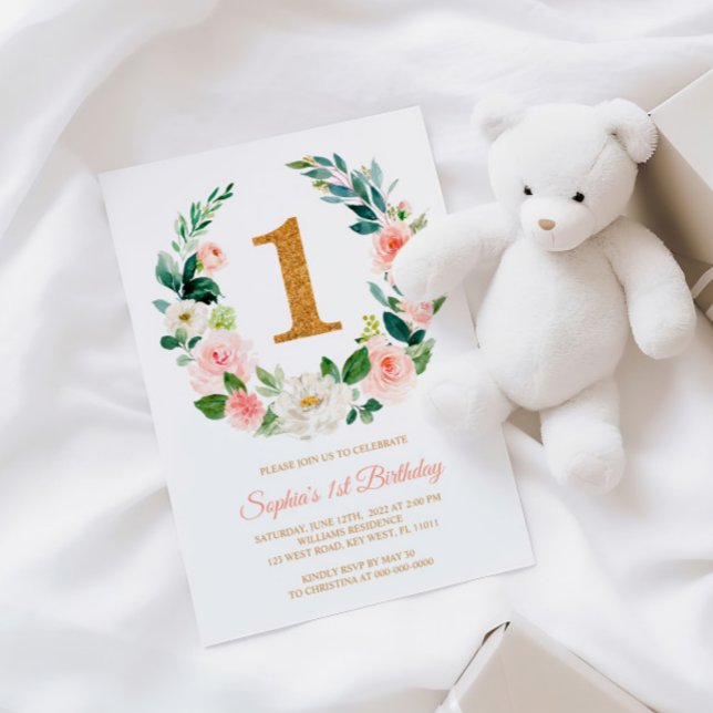  Rosa Blommigt Utandning 1:a födelsedagsinbjudan Inbjudningar (Skapare uppladdad)