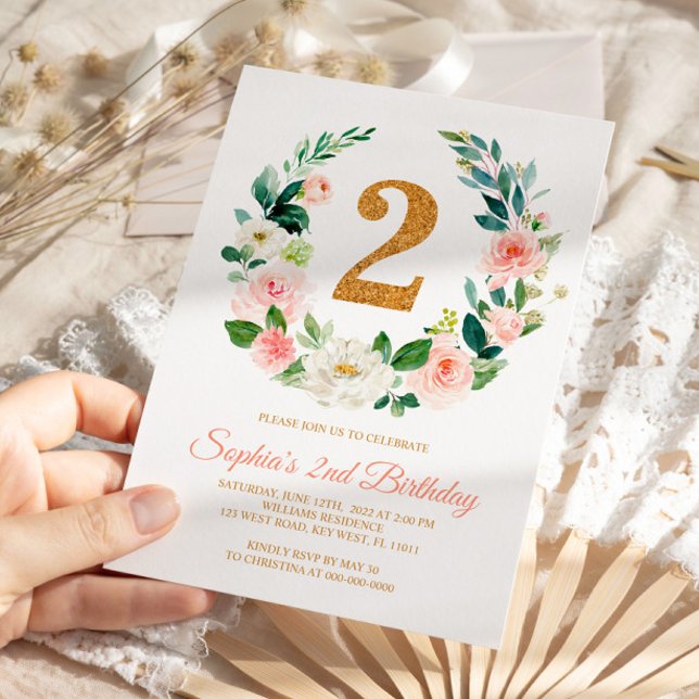  Rosa Blommigt Utandning 2:a födelsedagsinbjudan Inbjudningar (Skapare uppladdad)