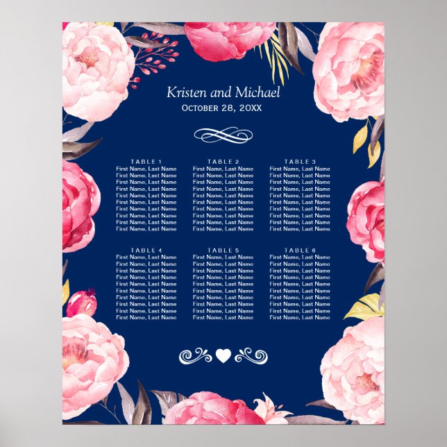 Rosa Blommigt Utandning 6 Bord sätesdiagram för Br Poster (Framsidan)