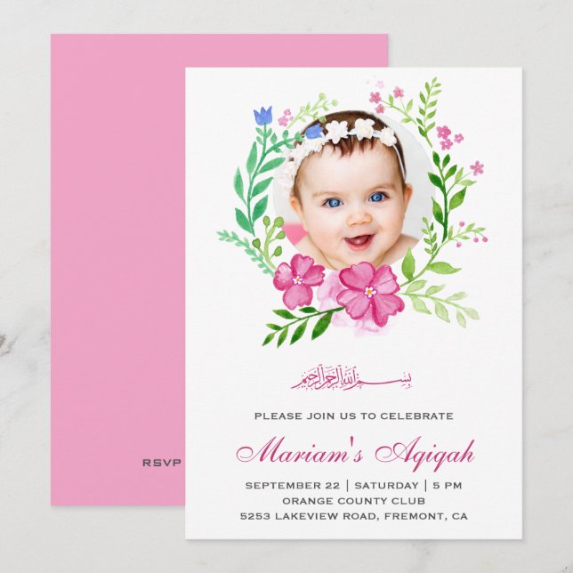 Rosa Blommigt Utandning Foto Flicka Aqiqah Inbjudningar (Fram/baksida)