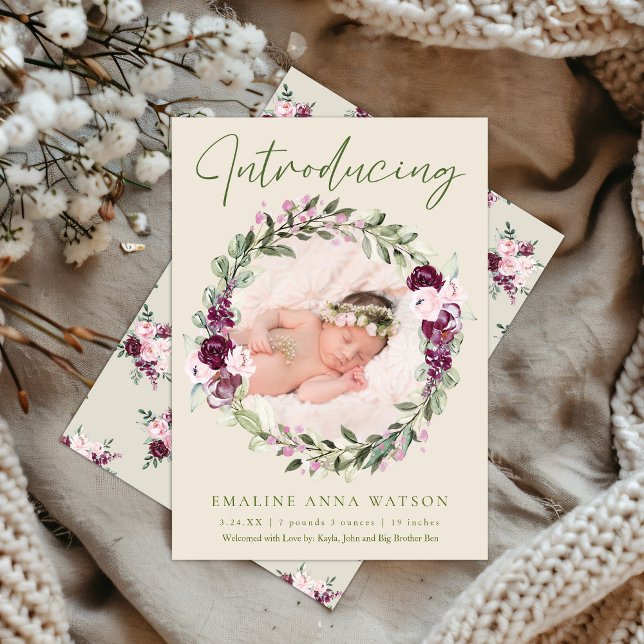 Rosa Blommigt Utandning Fotofödelsemeddelande Inbjudningar (Floral Botanical Wreath Photo Baby Girl Birth Announcement)