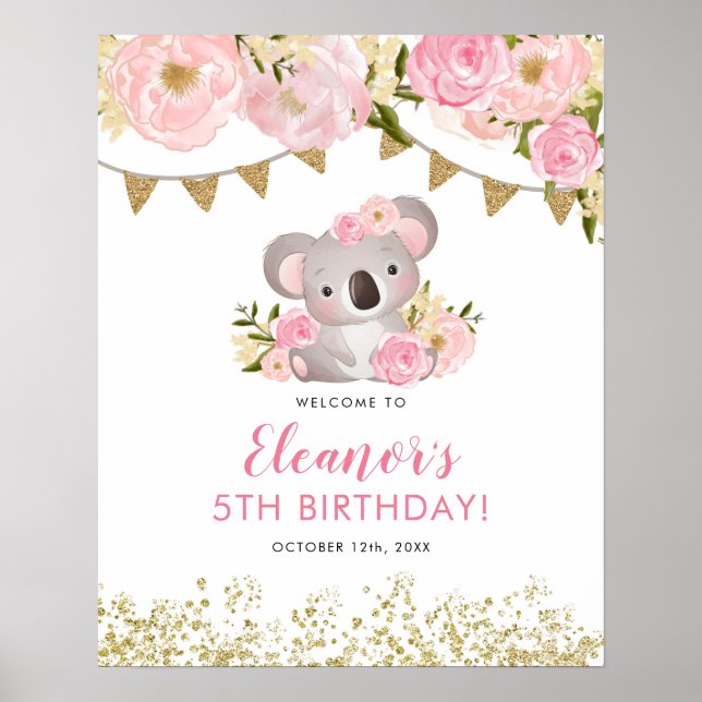 Rosa Blommigt Utandning Koala Barn Birthday Välkom Poster (Framsidan)