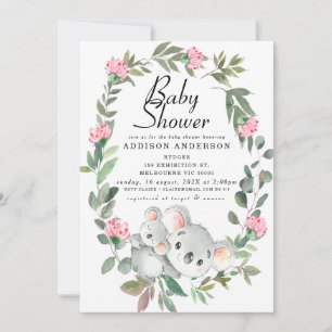 Rosa Blommigt Utandning Koala Bear Baby Shower Inbjudningar