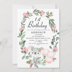 Rosa Blommigt Utandning Koala Bear Birthday Invest Inbjudningar