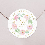 Rosa Blommigt Utandning Monogram Returadress Runt Klistermärke<br><div class="desc">Rund adressetiketter av anpassningsbar-designad med dekoration av krans av rosa av vattenfärgen blommigt.</div>