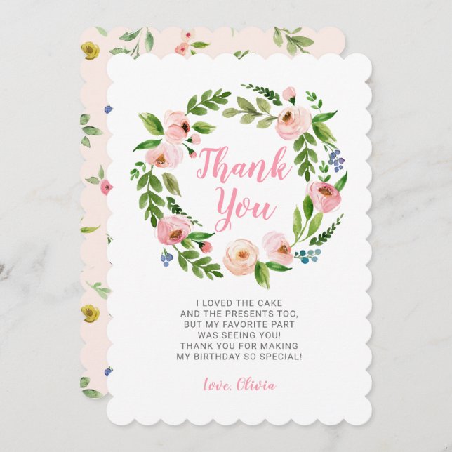 Rosa Blommigt Utandning Peony Birthday Tack Cards Inbjudningar (Fram/baksida)