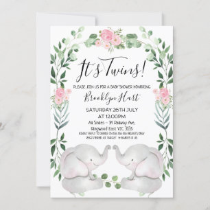 Rosa Blommigt Utandningselefanter Twin Baby Shower Inbjudningar