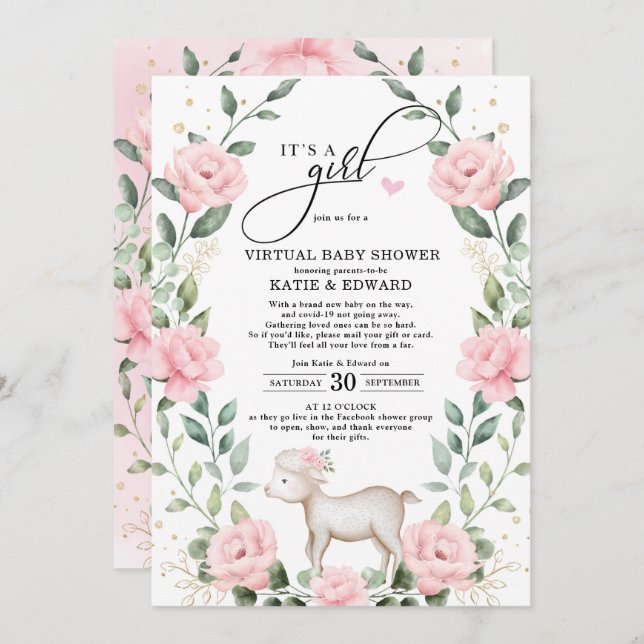  Rosa Blommigt Utandningslampa Virtuellare babysko Inbjudningar (Fram/baksida)