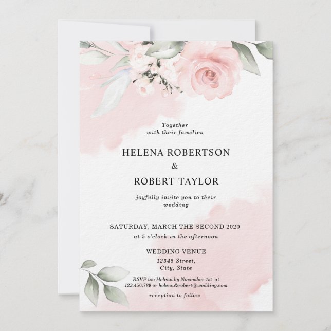  Rosa Blommigt Utandningsvattenfärg Dusty Grönt Inbjudningar (Framsida)