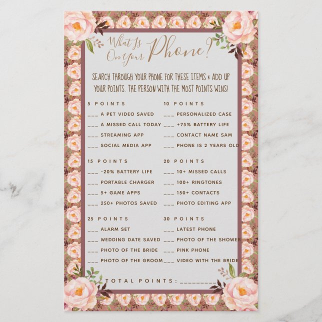 Rosa Blommigt Vad finns på ditt Mobila spelkort Flygblad (Framsidan)