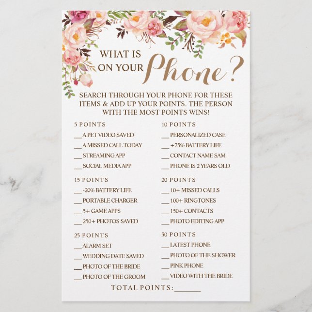 Rosa Blommigt Vad finns på ditt Mobila spelkort Flygblad (Framsidan)