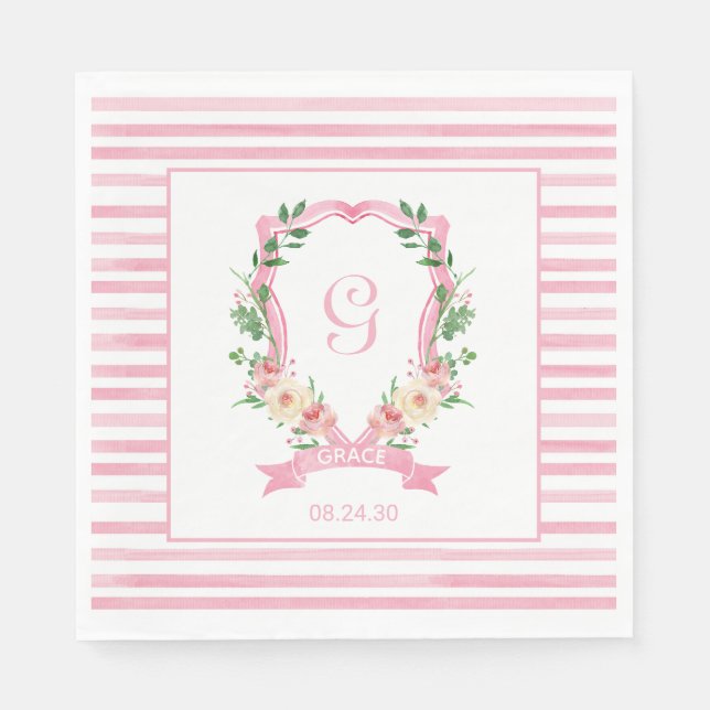 Rosa Blommigt Vapensköld Baby Shower Napkins Pappersservett (Framsidan)