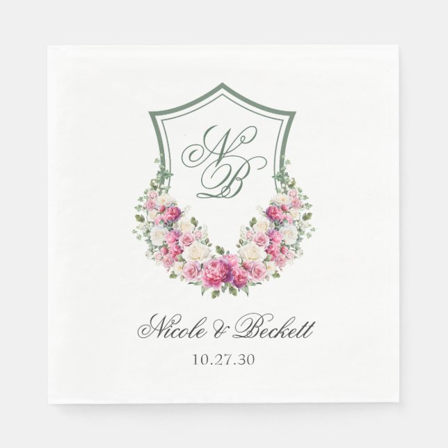 Rosa Blommigt Vapensköld Bröllop Pappersservett (Framsidan)
