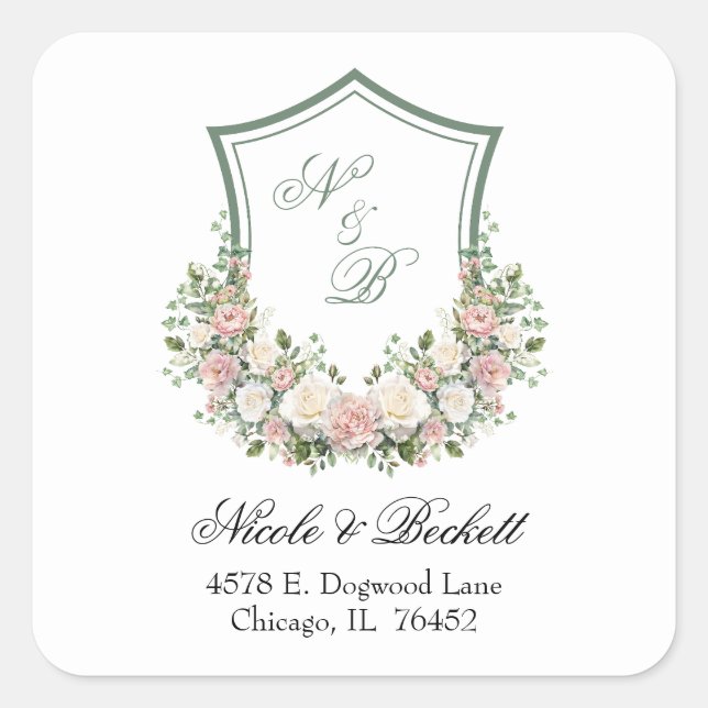 Rosa Blommigt Vapensköld Fyrkantigt Klistermärke (Framsida)