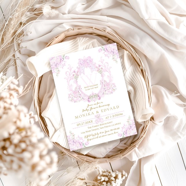 Rosa Blommigt Vapensköld Preppy Girl Baby Shower Inbjudningar (Skapare uppladdad)