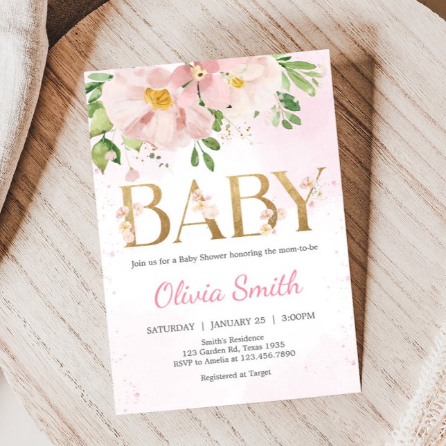  Rosa Blommigt Vår Baby Shower Inbjudningar (Blush Pink Spring Floral Baby Shower Invitation
)