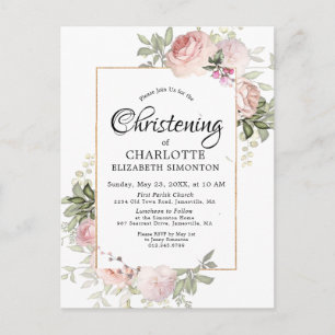 Rosa Blommigt Vatercolor Christening Vykort