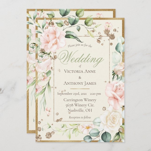 Rosa  Blommigt Vattenfärg Bröllop Inbjudningar (Fram/baksida)