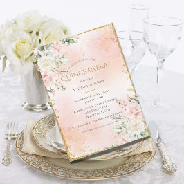  Rosa Blommigt Vattenfärg Guld Quinceañera Inbjudningar