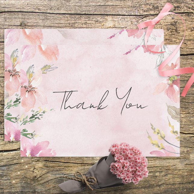 Rosa  Blommigt Vattenfärg Modern Bröllop Tack Kort (Skapare uppladdad)