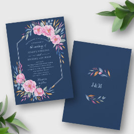 Rosa Blommigt Vattenfärg Monogram Bröllop Inbjudningar