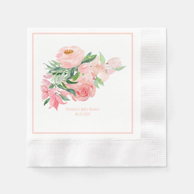 Rosa Blommigt Vattenfärg Namn Datum Flicka Shower  Pappersservett (Framsidan)